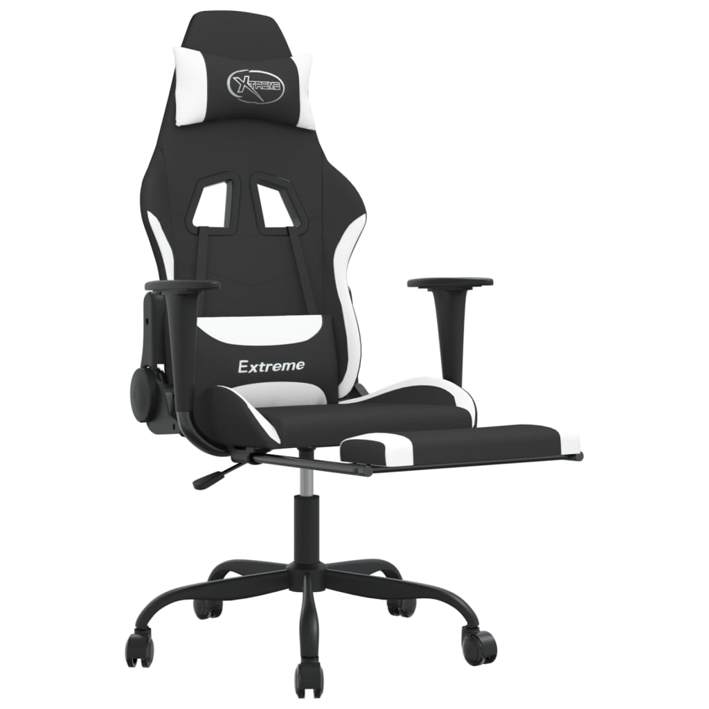 vidaXL Silla gaming con reposapiés tela negro y blanco