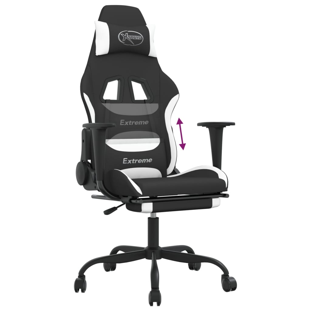 vidaXL Silla gaming con reposapiés tela negro y blanco