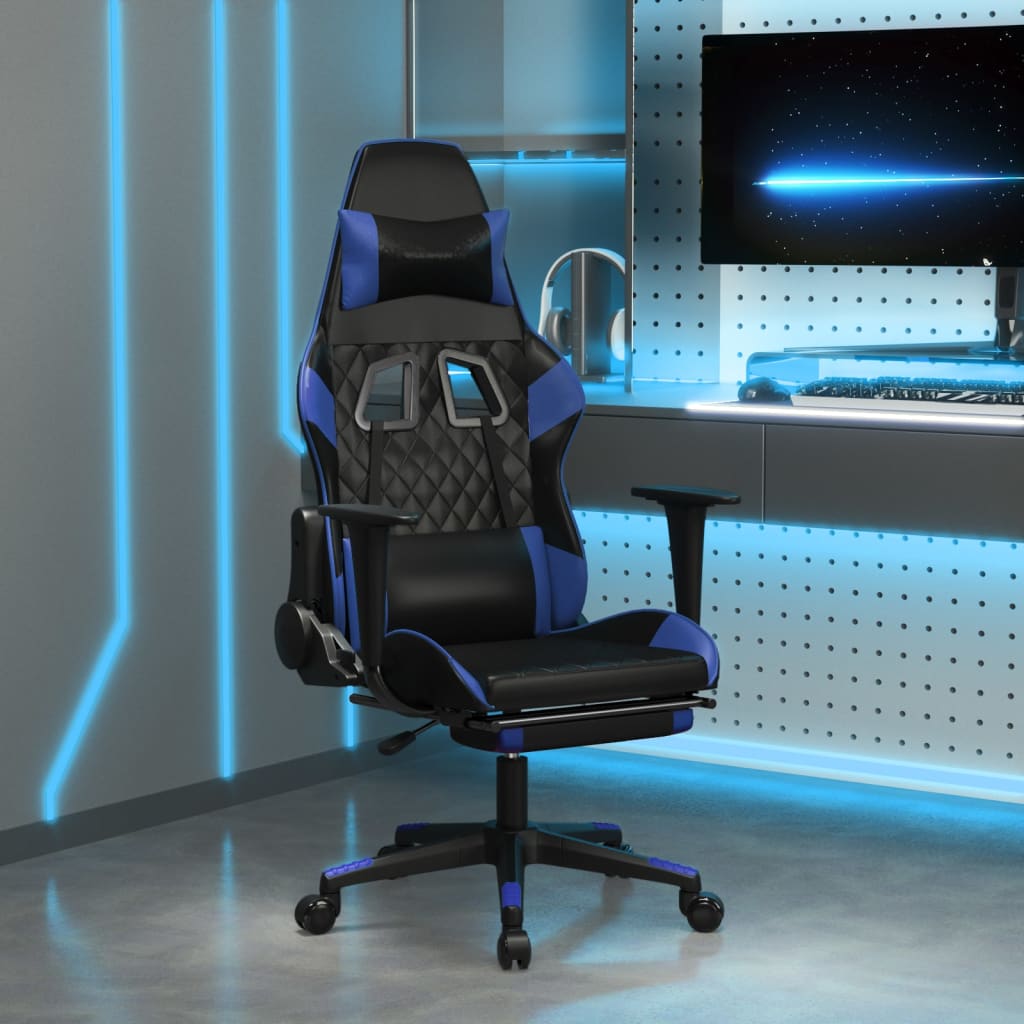 vidaXL Silla gaming con reposapiés cuero sintético negro azul