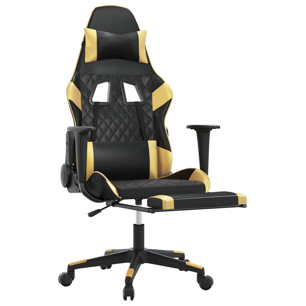 vidaXL Silla gaming con reposapiés cuero sintético negro dorado