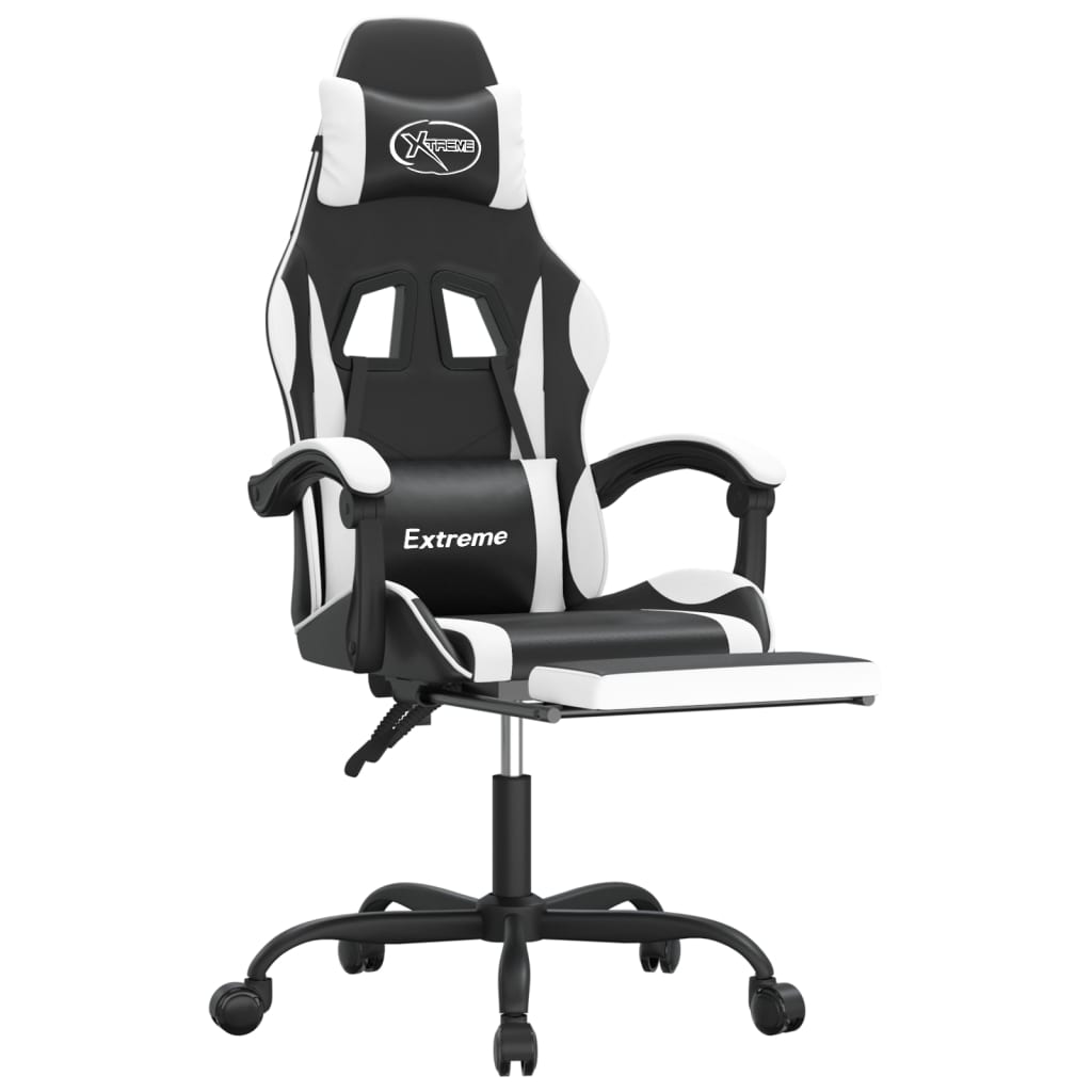 vidaXL Silla gaming con reposapiés cuero sintético negro blanco