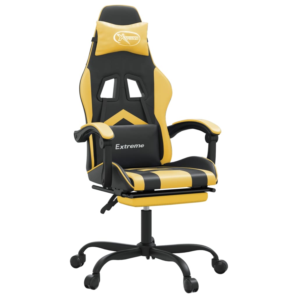 vidaXL Silla gaming con reposapiés cuero sintético negro dorado