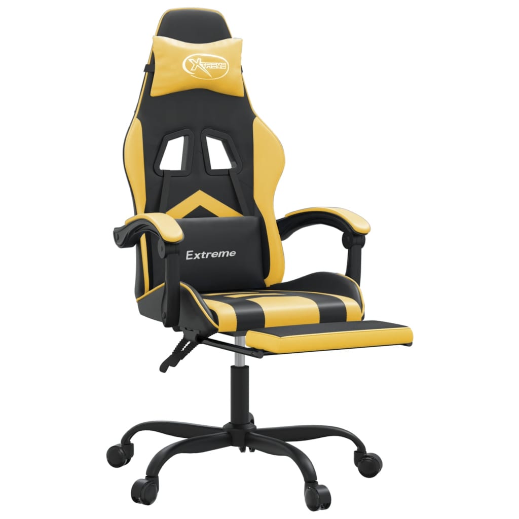 vidaXL Silla gaming con reposapiés cuero sintético negro dorado