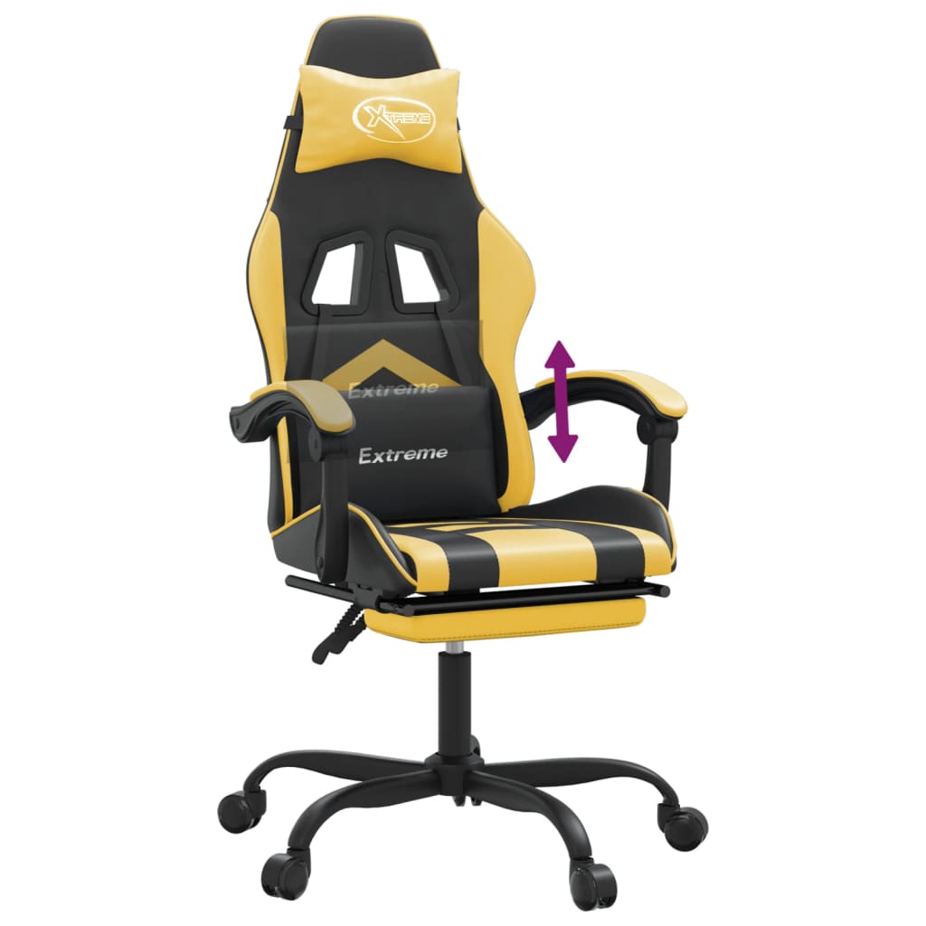 vidaXL Silla gaming con reposapiés cuero sintético negro dorado