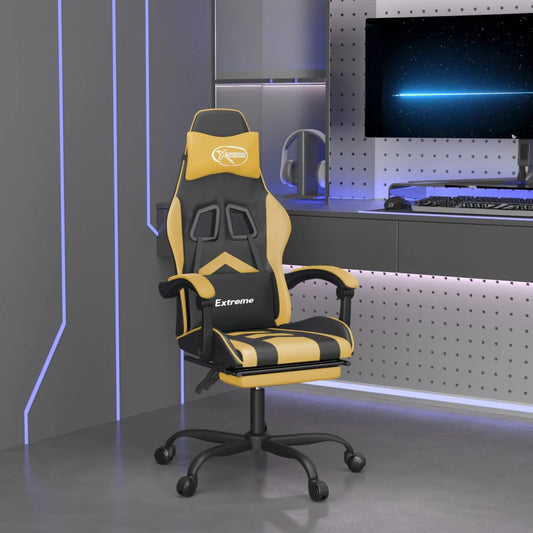 vidaXL Silla gaming con reposapiés cuero sintético negro dorado