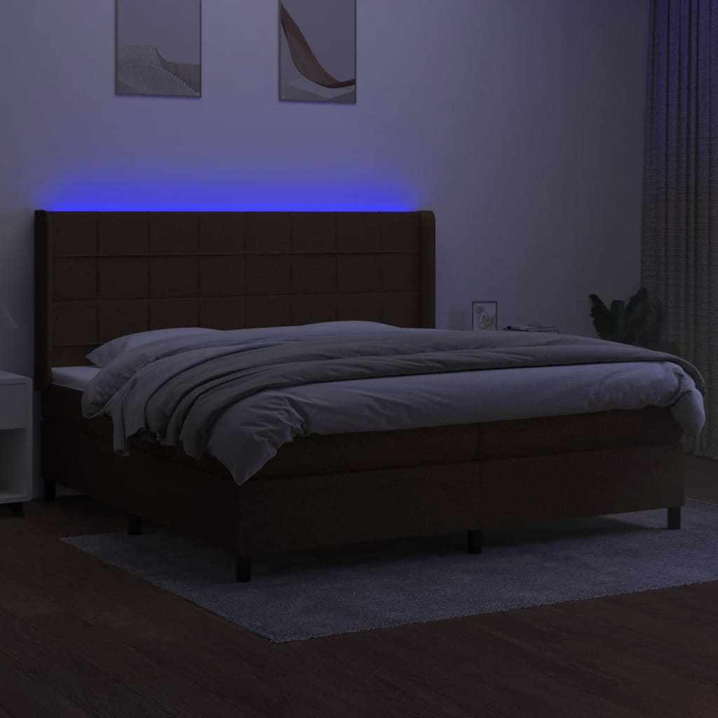 vidaXL Cama box spring colchón luces LED tela marrón oscuro 200x200 cm