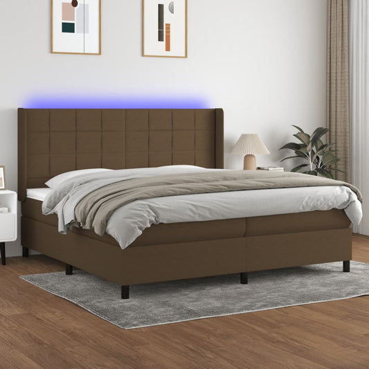 vidaXL Cama box spring colchón luces LED tela marrón oscuro 200x200 cm