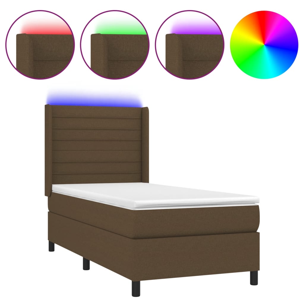 vidaXL Cama box spring colchón luces LED tela marrón oscuro 100x200cm