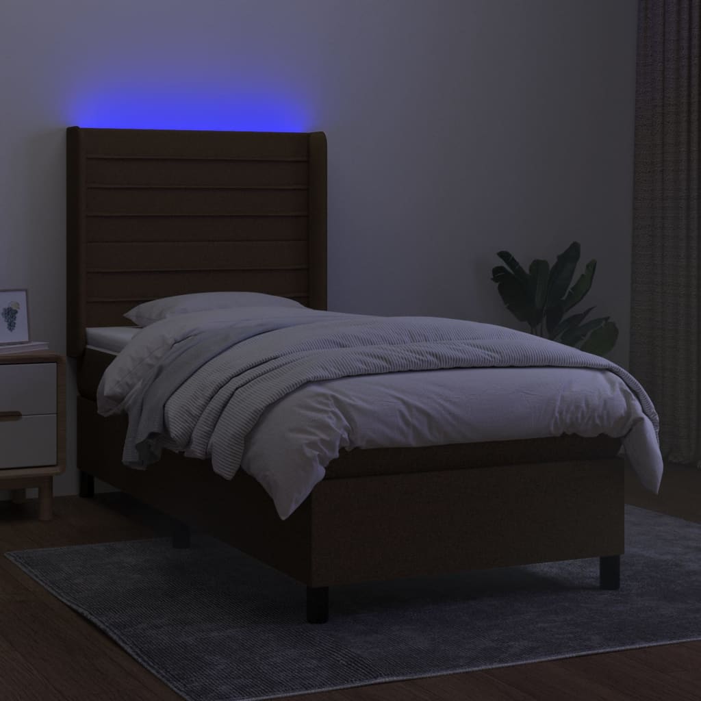 vidaXL Cama box spring colchón luces LED tela marrón oscuro 100x200cm