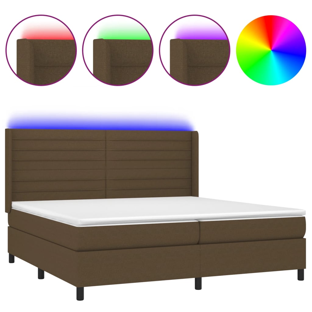 vidaXL Cama box spring colchón luces LED tela marrón oscuro 200x200 cm