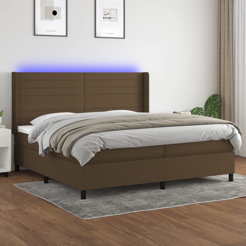 vidaXL Cama box spring colchón luces LED tela marrón oscuro 200x200 cm