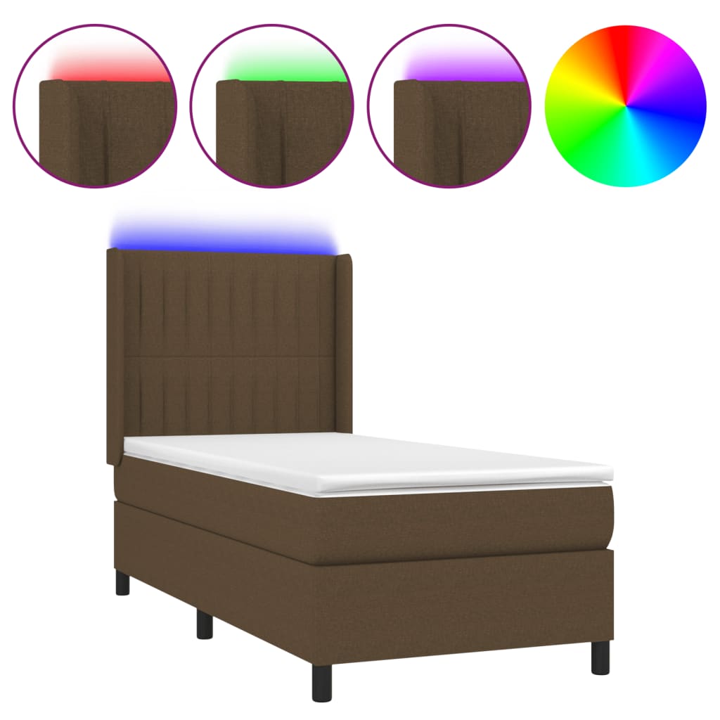 vidaXL Cama box spring colchón luces LED tela marrón oscuro 100x200cm