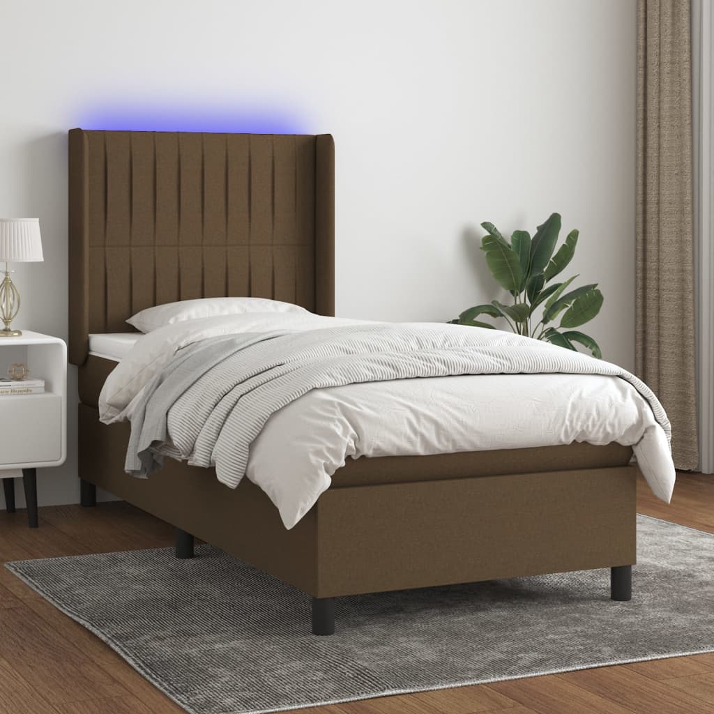 vidaXL Cama box spring colchón luces LED tela marrón oscuro 100x200cm