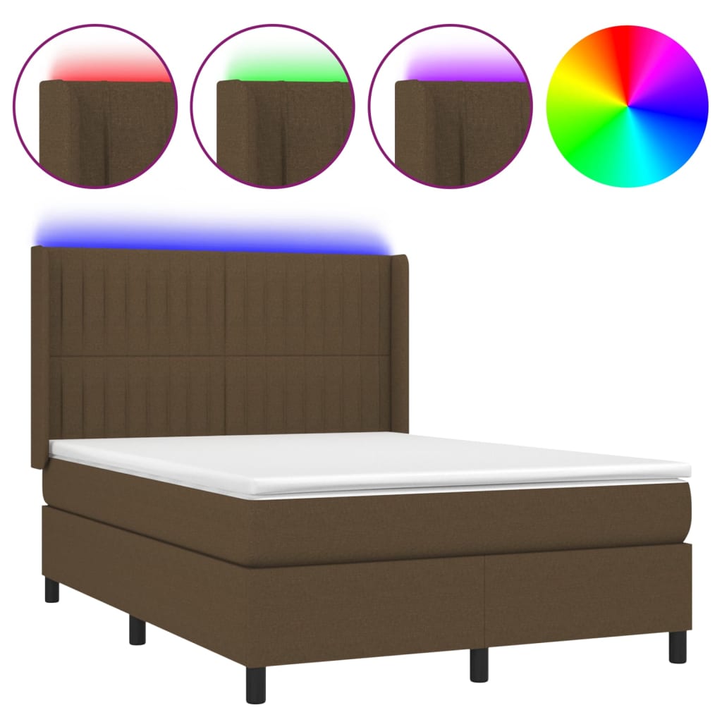 vidaXL Cama box spring colchón luces LED tela marrón oscuro 140x200cm