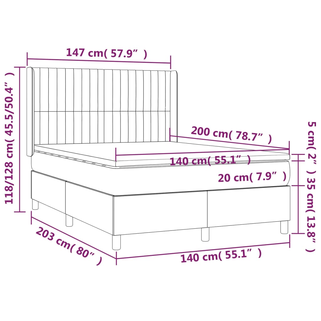 vidaXL Cama box spring colchón luces LED tela marrón oscuro 140x200cm