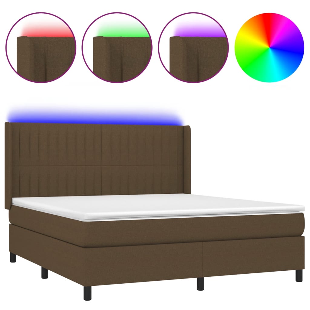 vidaXL Cama box spring colchón luces LED tela marrón oscuro 180x200cm