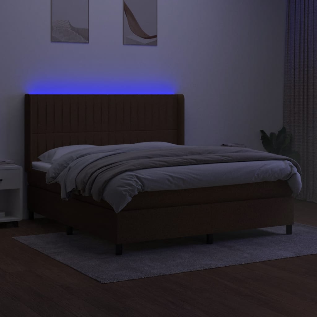 vidaXL Cama box spring colchón luces LED tela marrón oscuro 180x200cm