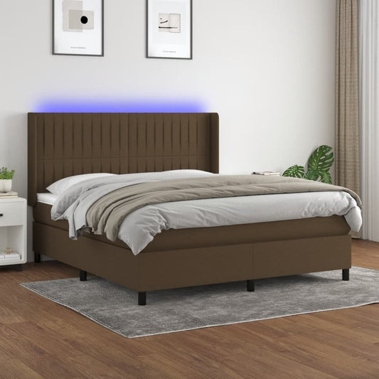 vidaXL Cama box spring colchón luces LED tela marrón oscuro 180x200cm