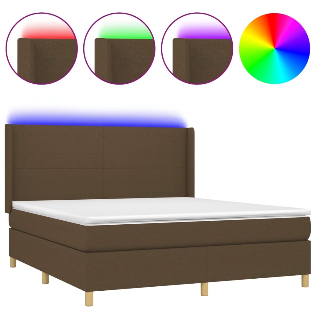 vidaXL Cama box spring colchón luces LED tela marrón oscuro 180x200cm