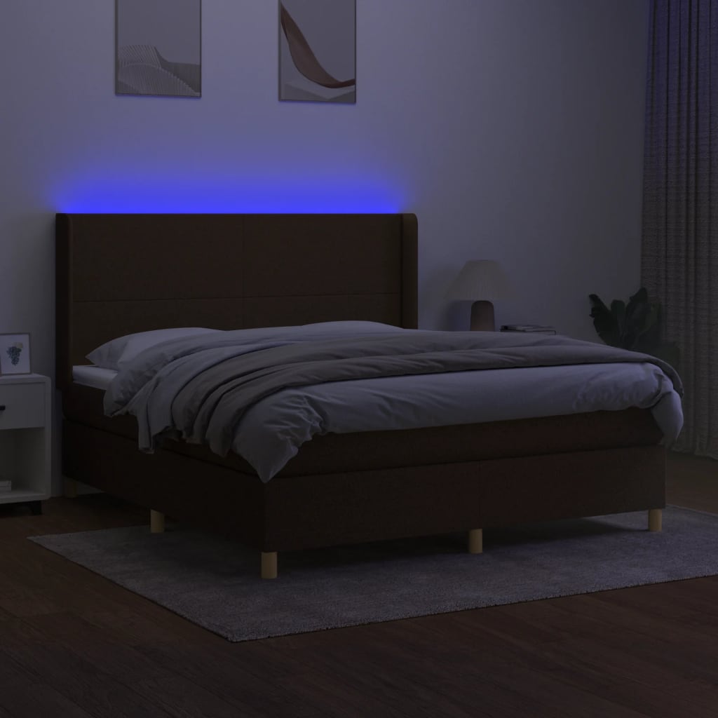 vidaXL Cama box spring colchón luces LED tela marrón oscuro 180x200cm