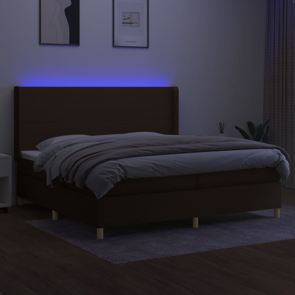 vidaXL Cama box spring colchón luces LED tela marrón oscuro 200x200 cm