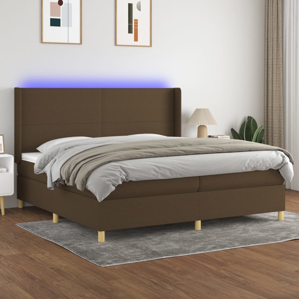 vidaXL Cama box spring colchón luces LED tela marrón oscuro 200x200 cm