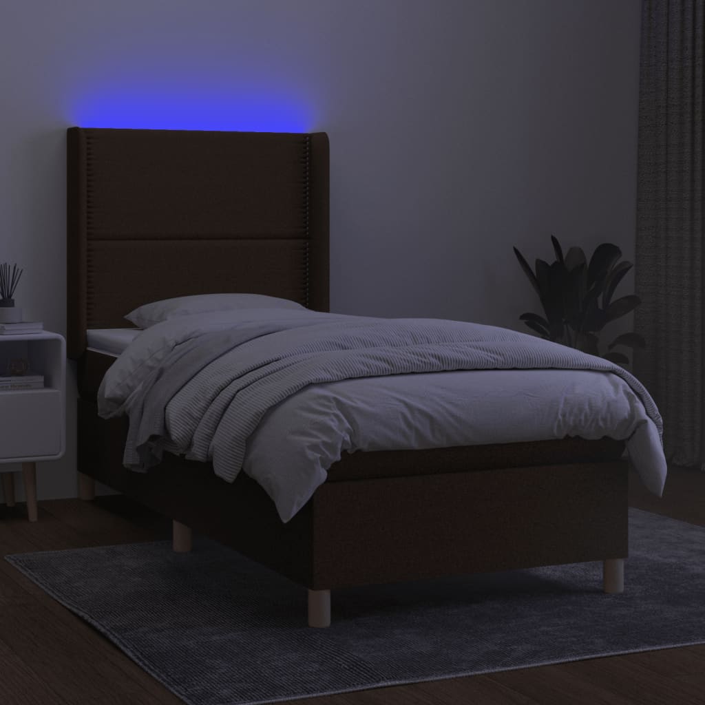 vidaXL Cama box spring colchón luces LED tela marrón oscuro 100x200cm