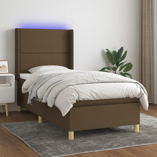 vidaXL Cama box spring colchón luces LED tela marrón oscuro 100x200cm