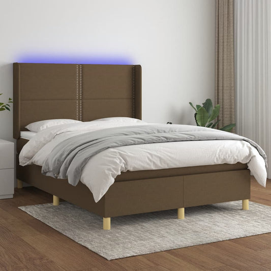 vidaXL Cama box spring colchón luces LED tela marrón oscuro 140x200cm