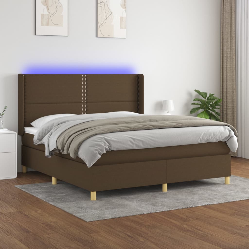 vidaXL Cama box spring colchón luces LED tela marrón oscuro 180x200cm