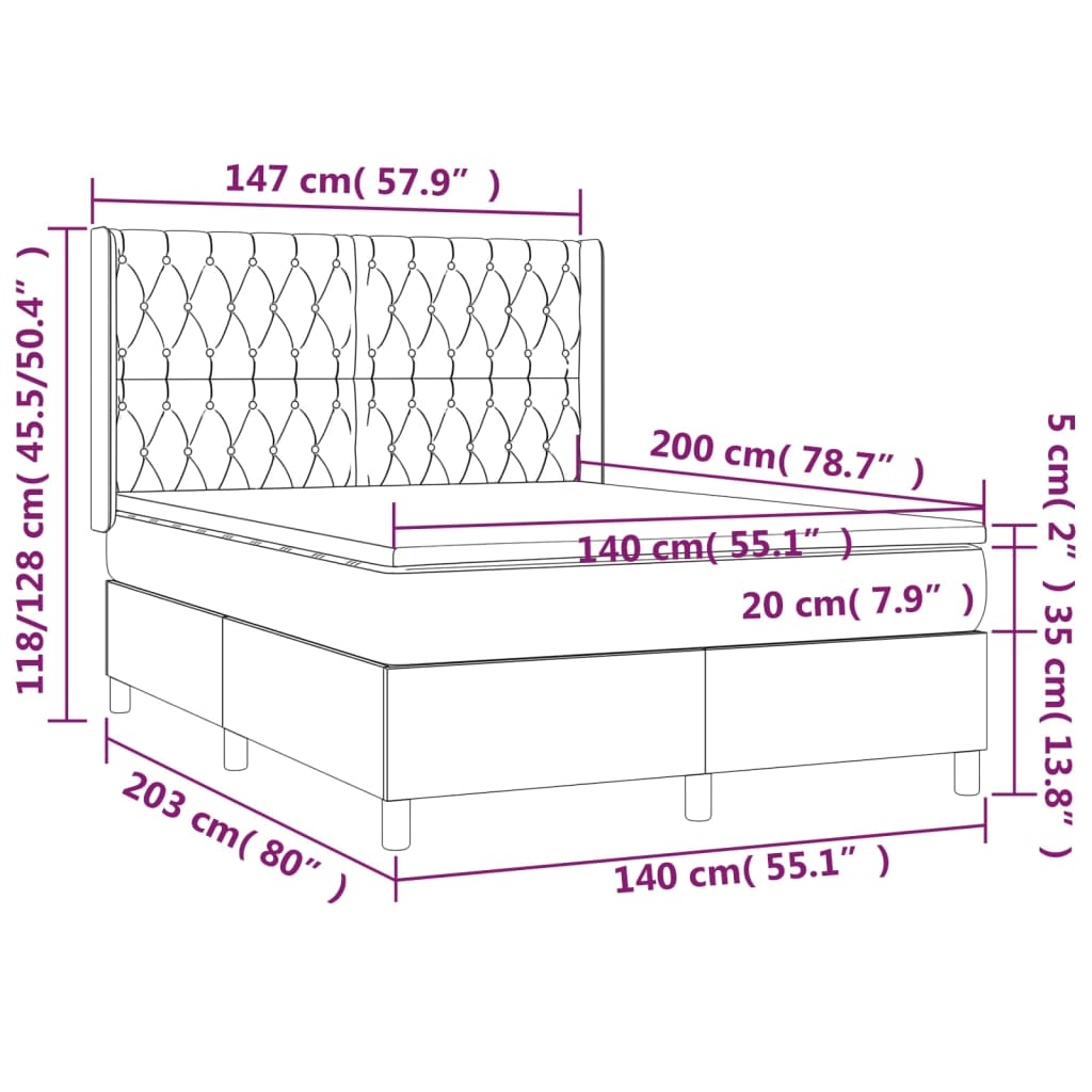 vidaXL Cama box spring colchón luces LED tela marrón oscuro 140x200cm