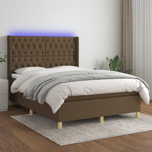 vidaXL Cama box spring colchón luces LED tela marrón oscuro 140x200cm