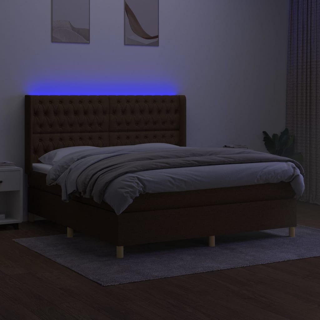 vidaXL Cama box spring colchón luces LED tela marrón oscuro 180x200cm