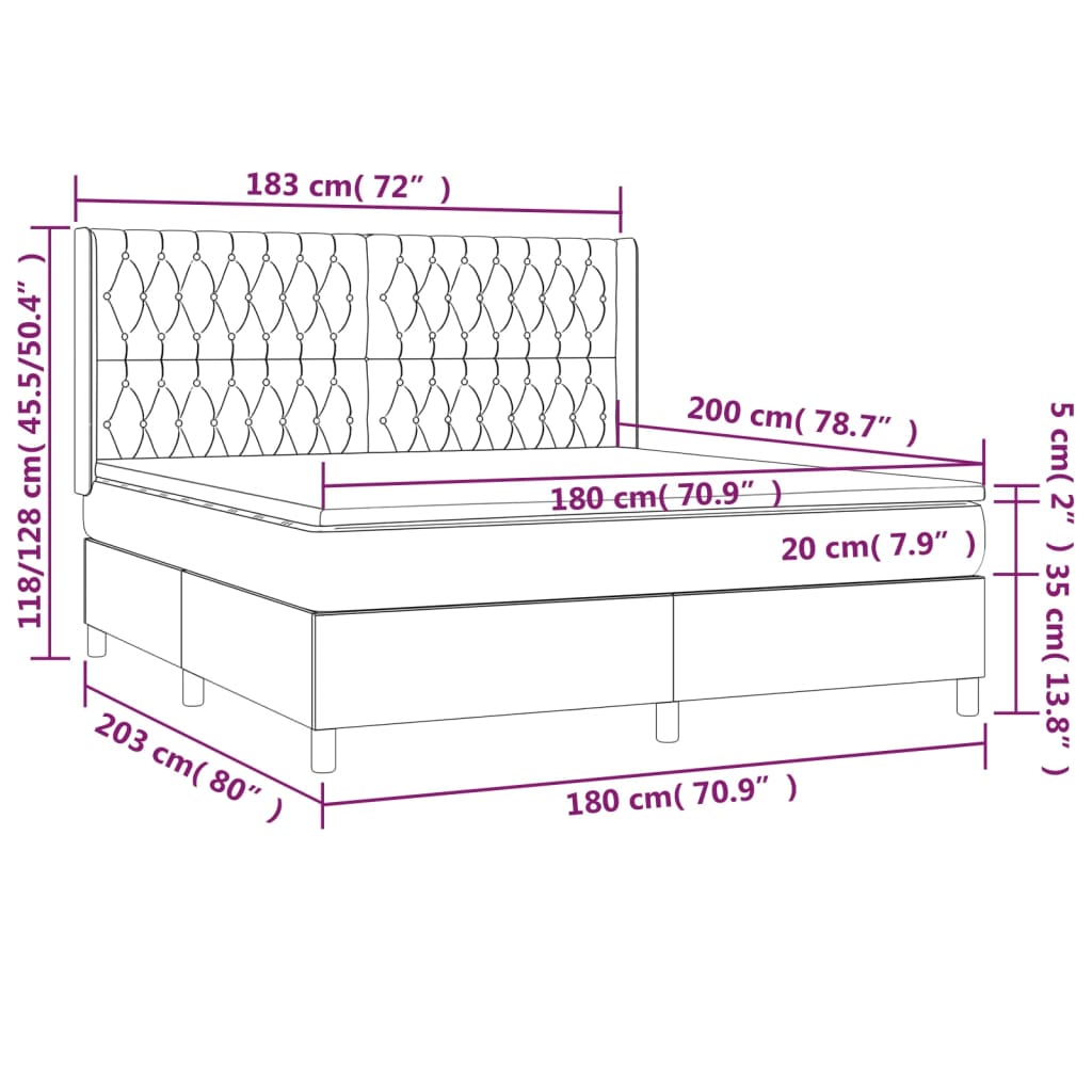 vidaXL Cama box spring colchón luces LED tela marrón oscuro 180x200cm