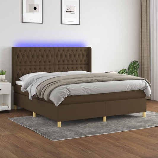 vidaXL Cama box spring colchón luces LED tela marrón oscuro 180x200cm