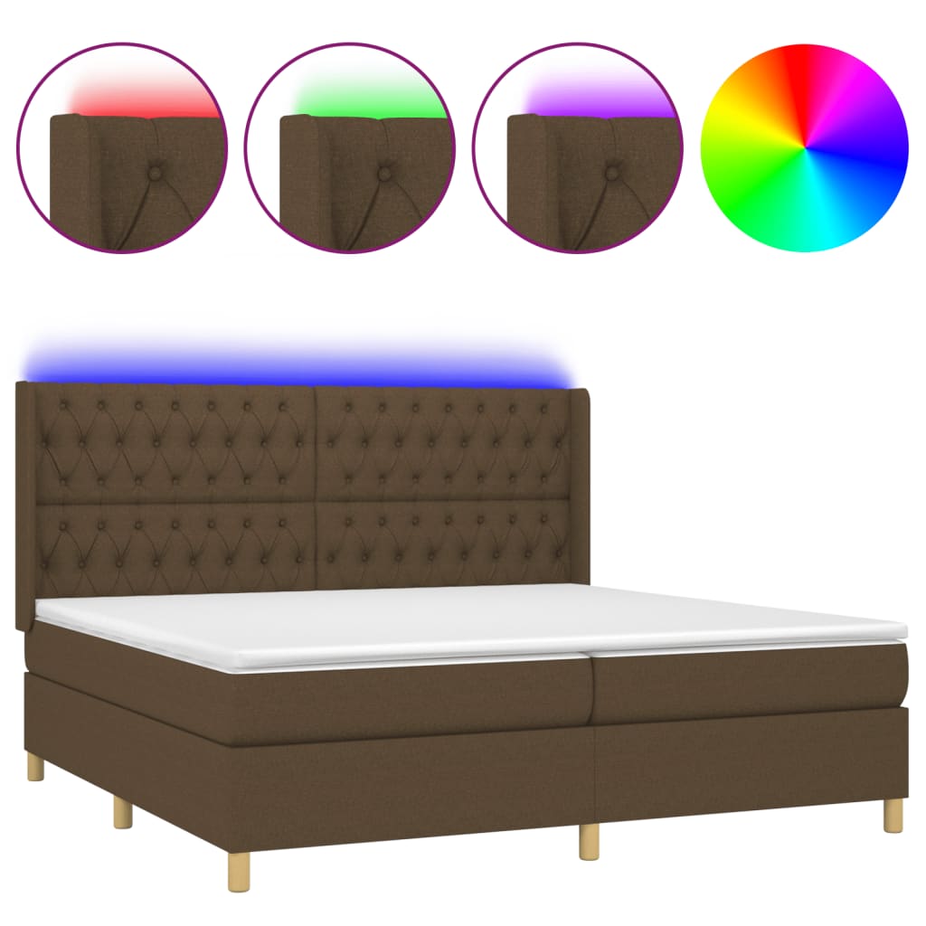 vidaXL Cama box spring colchón luces LED tela marrón oscuro 200x200 cm