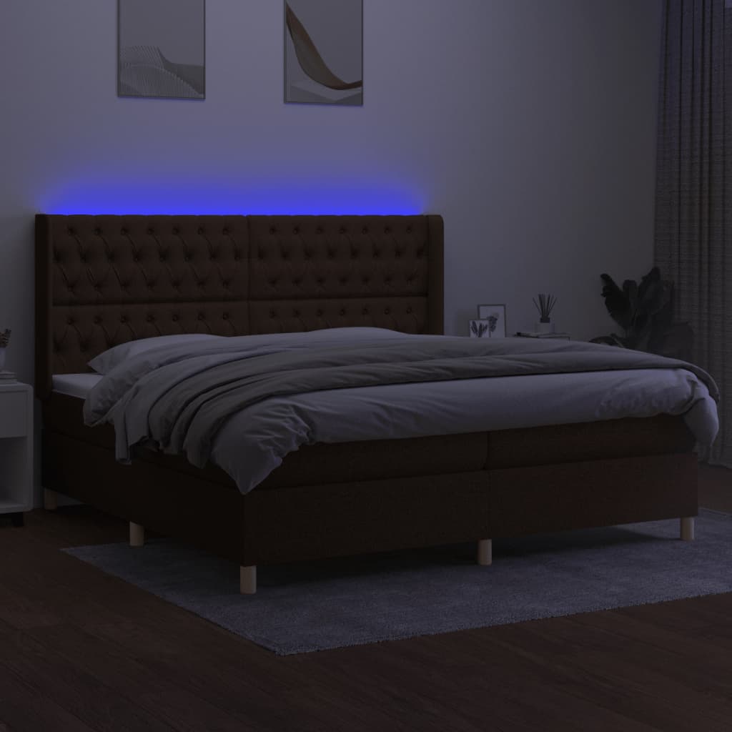 vidaXL Cama box spring colchón luces LED tela marrón oscuro 200x200 cm