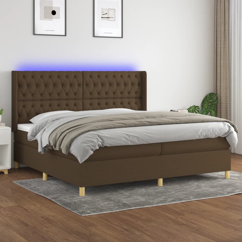 vidaXL Cama box spring colchón luces LED tela marrón oscuro 200x200 cm