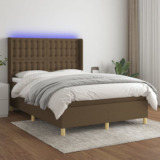 vidaXL Cama box spring colchón luces LED tela marrón oscuro 140x200cm