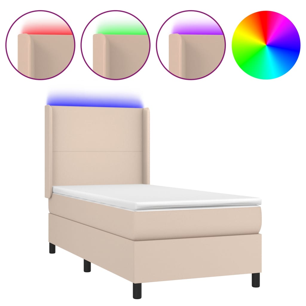 vidaXL Cama box spring colchón LED cuero sintético capuchino 90x190 cm