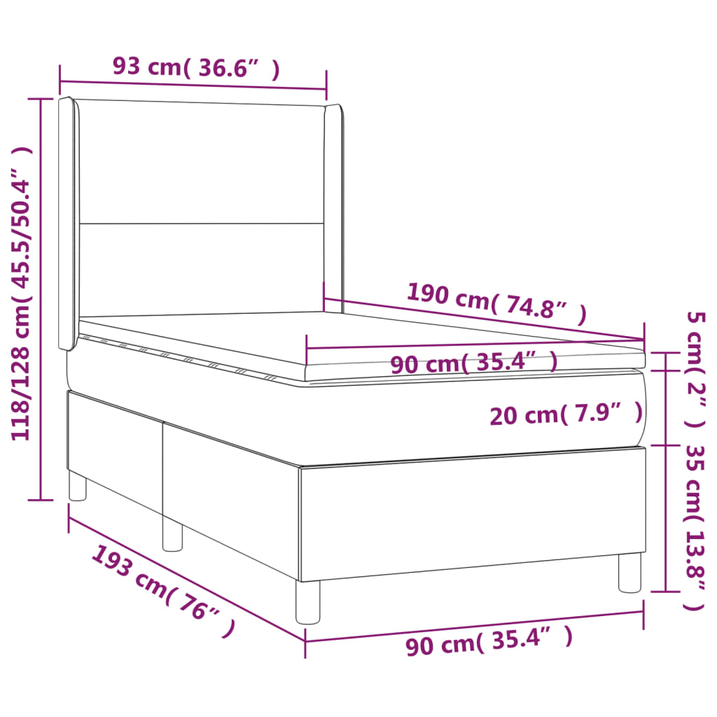 vidaXL Cama box spring colchón LED cuero sintético capuchino 90x190 cm