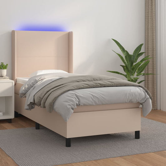 vidaXL Cama box spring colchón LED cuero sintético capuchino 90x190 cm