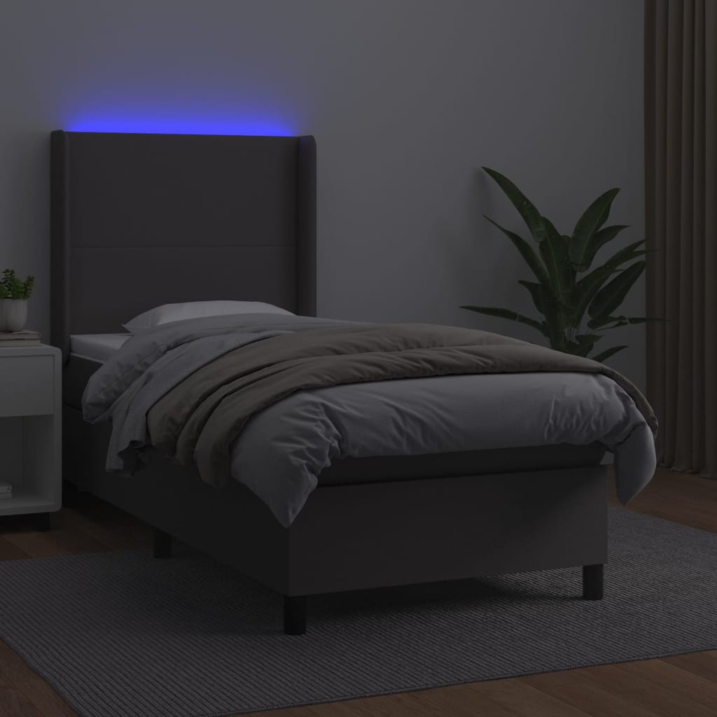 vidaXL Cama box spring colchón y LED cuero sintético gris 100x200 cm