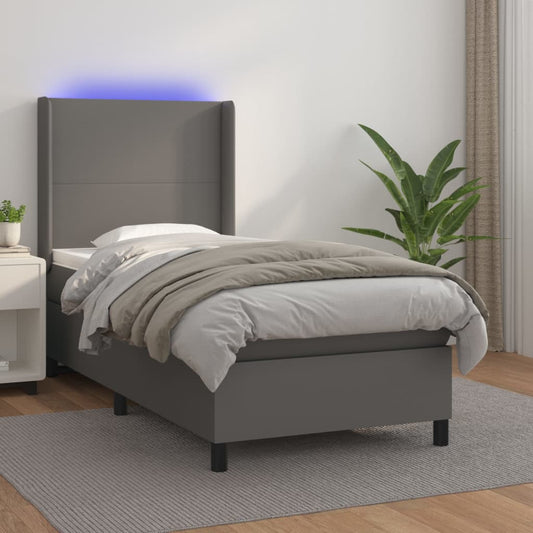 vidaXL Cama box spring colchón y LED cuero sintético gris 100x200 cm