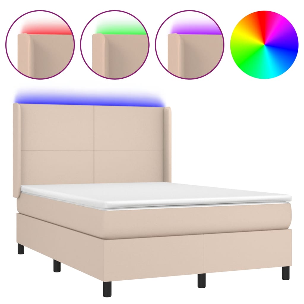 vidaXL Cama box spring colchón LED cuero sintético capuchino 140x190cm