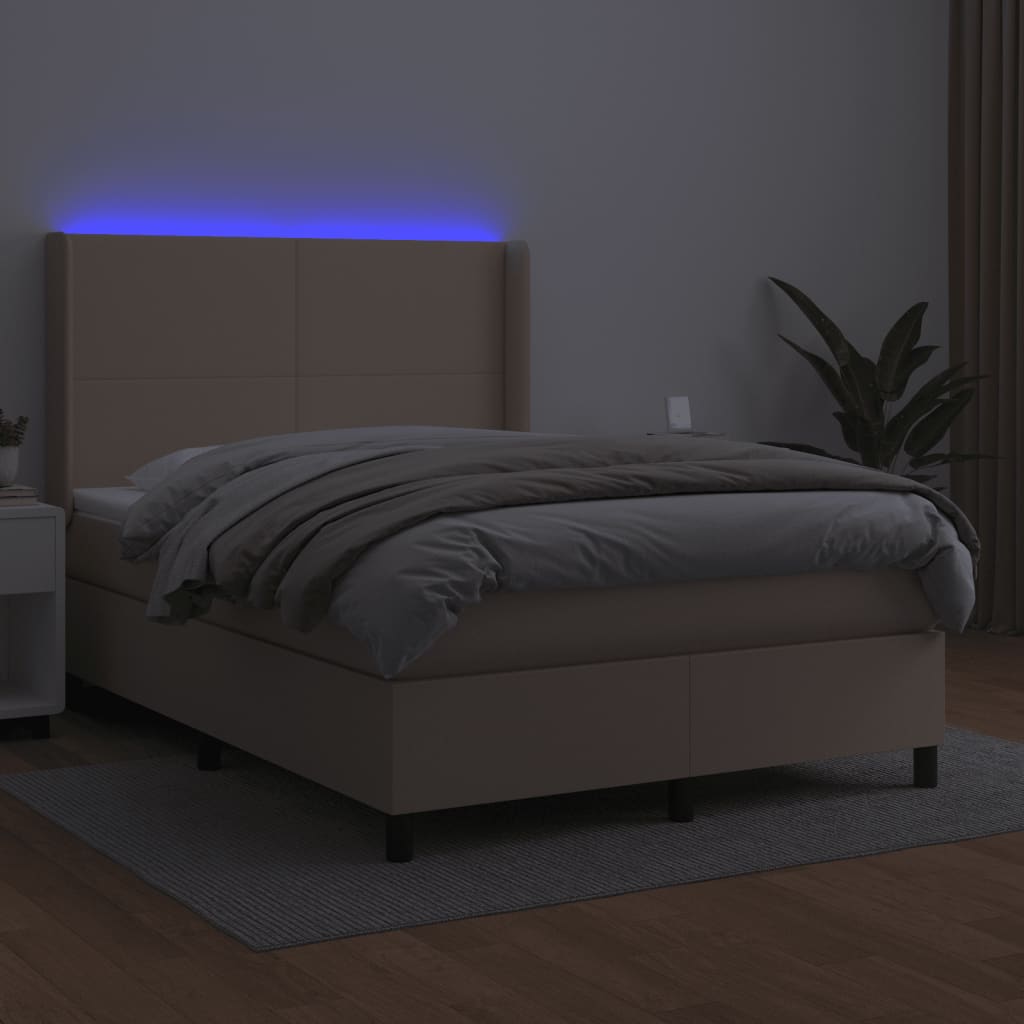 vidaXL Cama box spring colchón LED cuero sintético capuchino 140x190cm