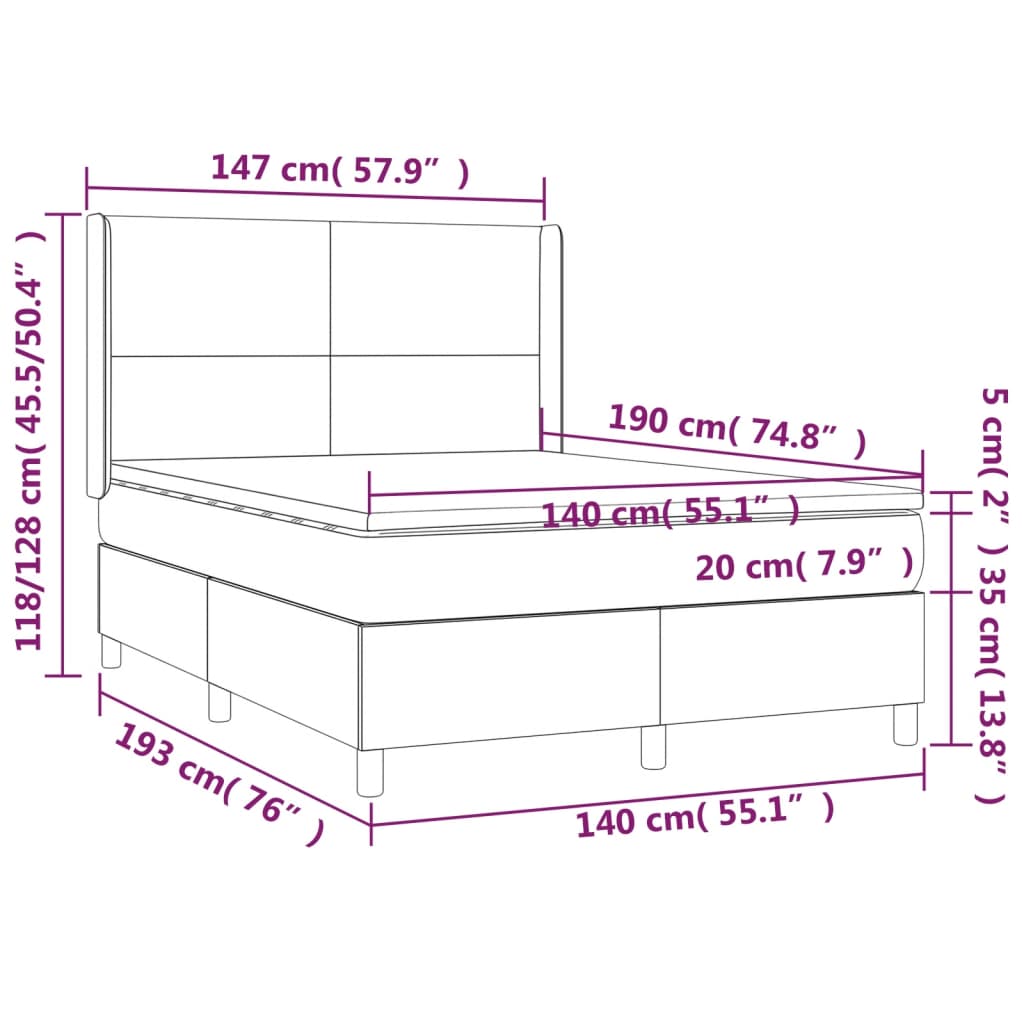 vidaXL Cama box spring colchón LED cuero sintético capuchino 140x190cm