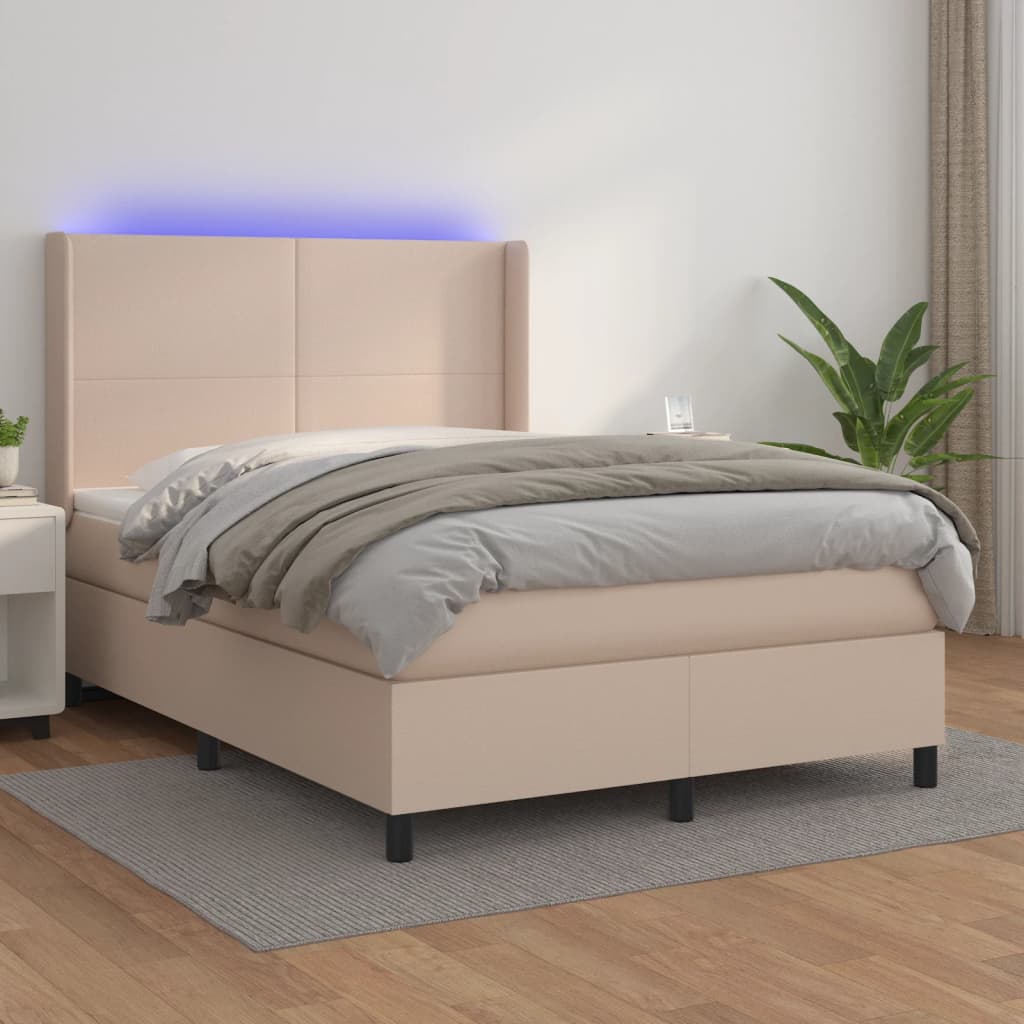 vidaXL Cama box spring colchón LED cuero sintético capuchino 140x190cm