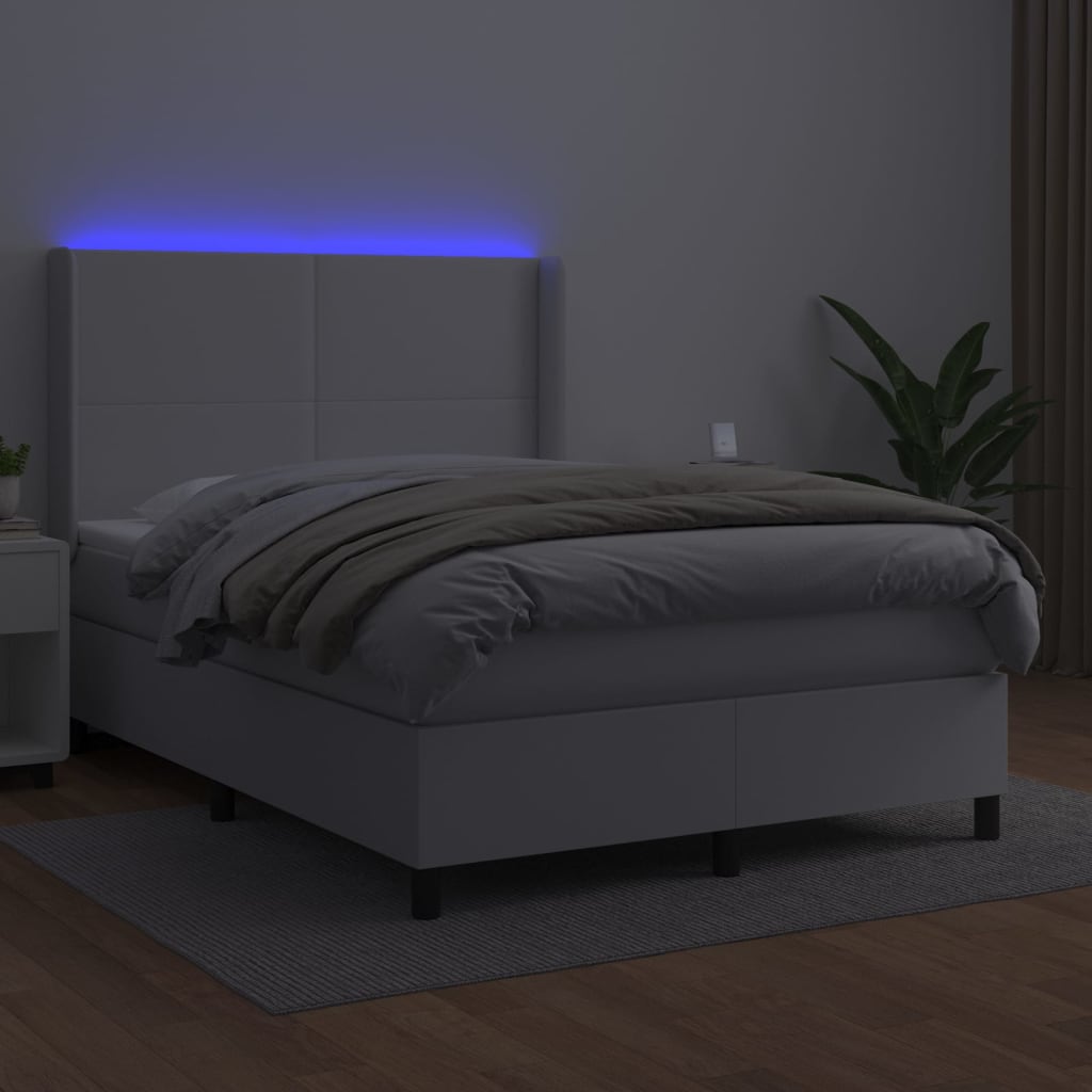 vidaXL Cama box spring colchón y LED cuero sintético blanco 140x200 cm