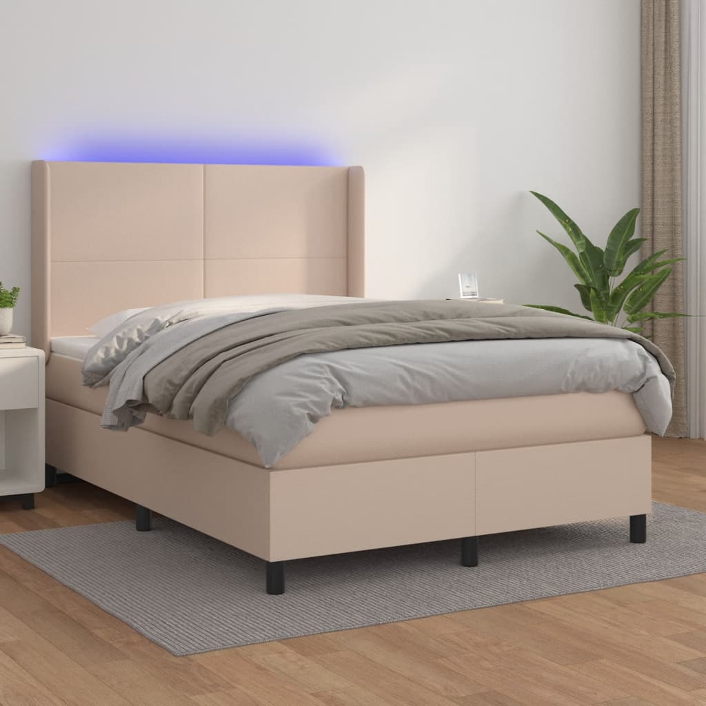 vidaXL Cama box spring colchón LED cuero sintético capuchino 140x200cm